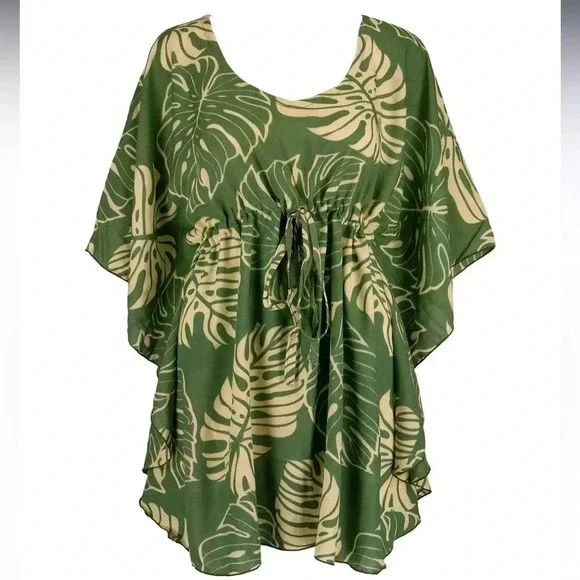 NWT Napua Collection Cover Ups: Monstera Leaf - Olive/Tan Size OS - Picture 2 of 9